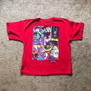 Red LEGO Batman t-shirt.
